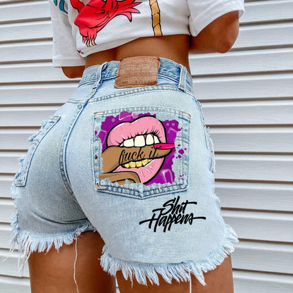 FashionSierra - Women's High Street INS Net Red Playful Girl Pattern Printed Denim Shorts