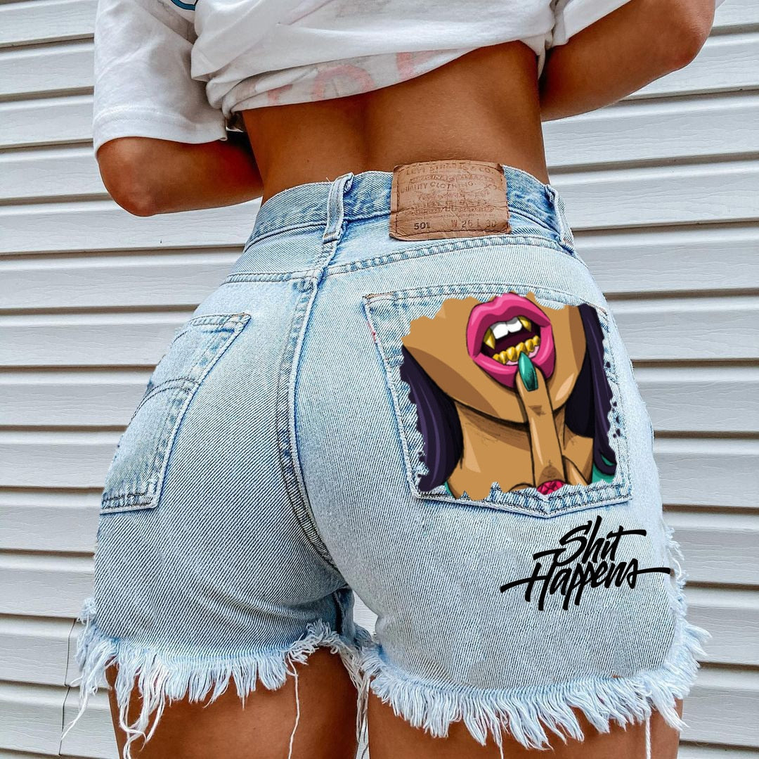 FashionSierra - Women's High Street INS Net Red Playful Girl Pattern Printed Denim Shorts - Seldom Seen Styles