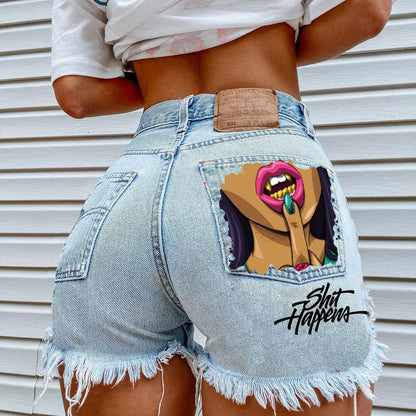 FashionSierra - Women's High Street INS Net Red Playful Girl Pattern Printed Denim Shorts