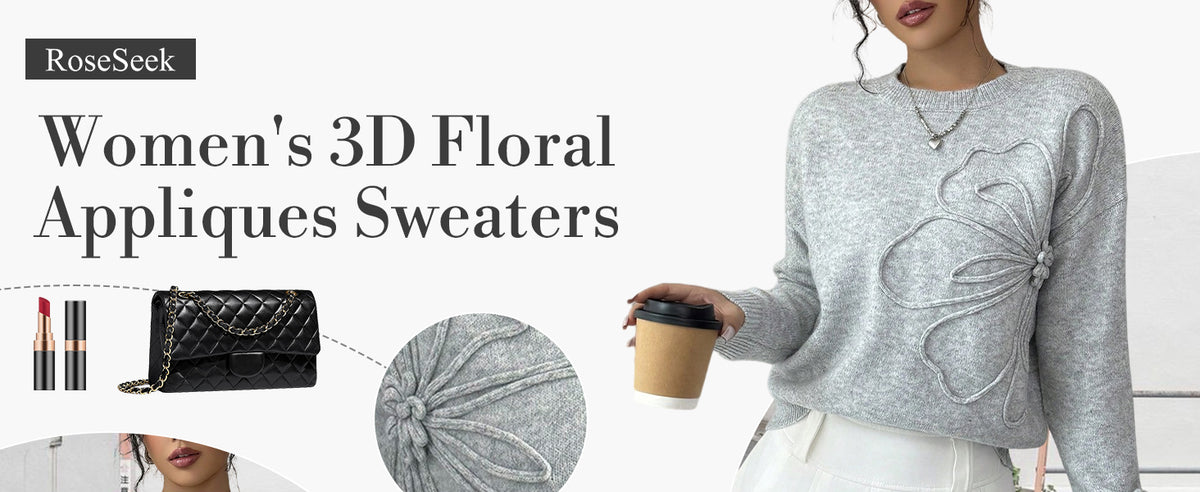 Women's 3D Floral Appliques Crewneck Sweaters Long Sleeve Drop Shoulder Pullovers Elegant Knit Tops - Seldom Seen Styles