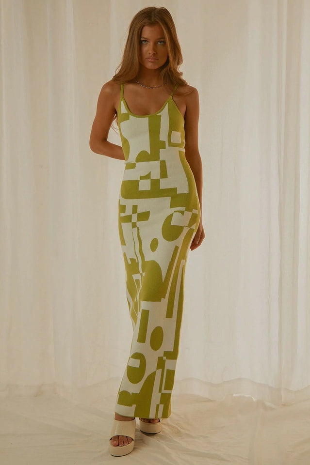 Women's Abstract Print Knit Maxi Dress Sleeveless Bodycon Summer Vacation Dress - Seldom Seen Styles