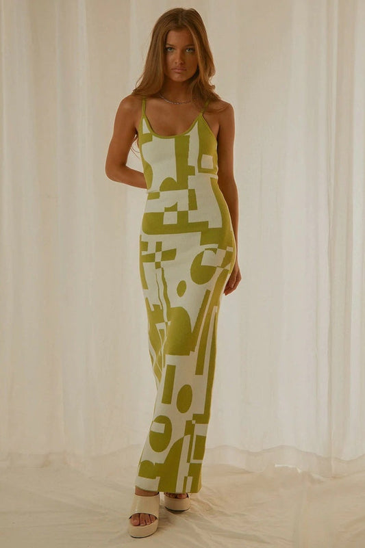 Women's Abstract Print Knit Maxi Dress Sleeveless Bodycon Summer Vacation Dress - Seldom Seen Styles