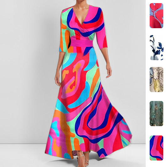 Women's Abstract Print Maxi Dress V Neck Slim Waist Elegant Long Dress - Seldom Seen Styles