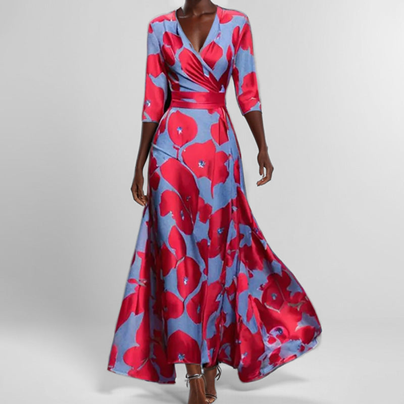Women's Abstract Print Maxi Dress V Neck Slim Waist Elegant Long Dress - Seldom Seen Styles