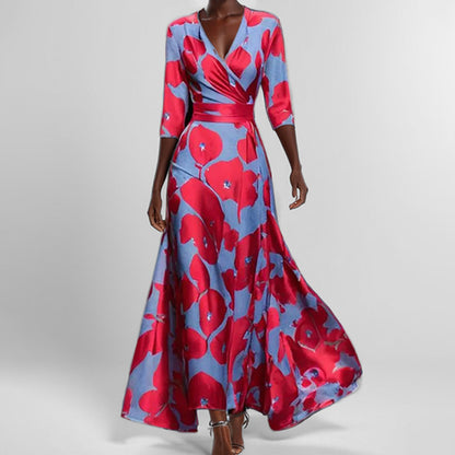 Women's Abstract Print Maxi Dress V Neck Slim Waist Elegant Long Dress