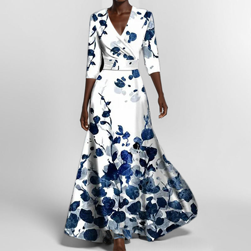 Women's Abstract Print Maxi Dress V Neck Slim Waist Elegant Long Dress - Seldom Seen Styles