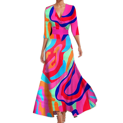 Women's Abstract Print Maxi Dress V Neck Slim Waist Elegant Long Dress
