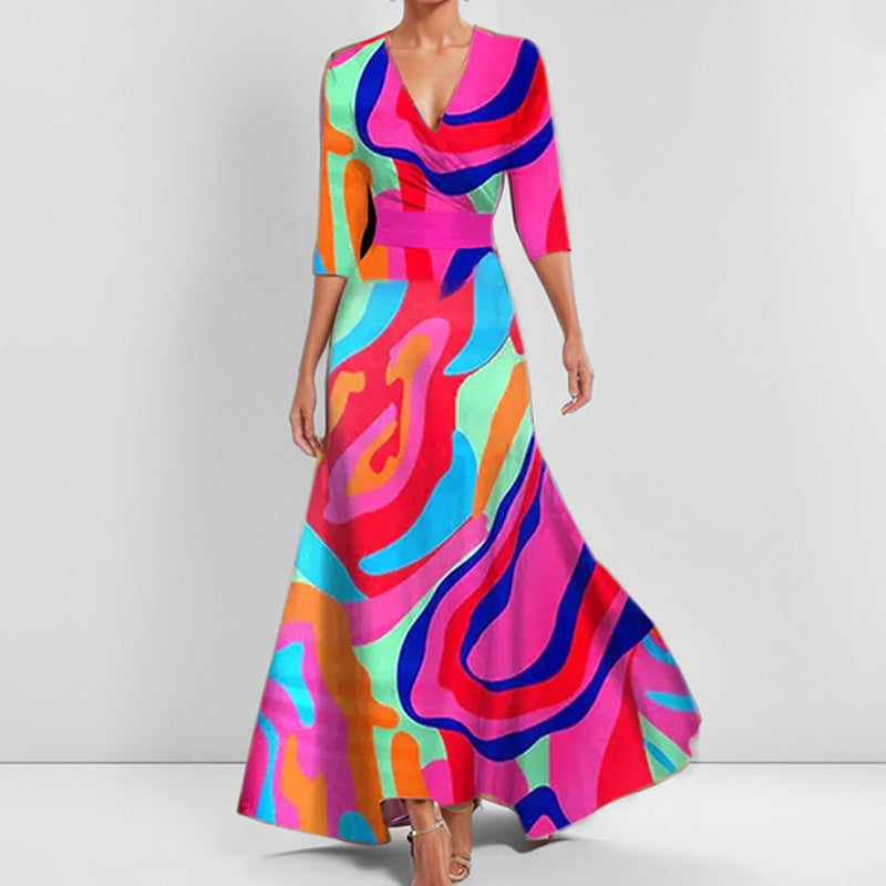 Women's Abstract Print Maxi Dress V Neck Slim Waist Elegant Long Dress - Seldom Seen Styles