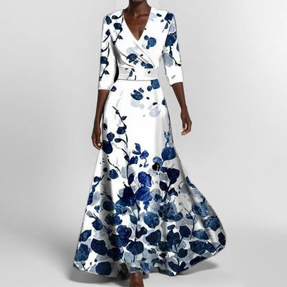 Women's Abstract Print Maxi Dress V Neck Slim Waist Elegant Long Dress