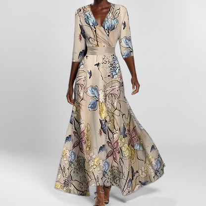 Women's Abstract Print Maxi Dress V Neck Slim Waist Elegant Long Dress