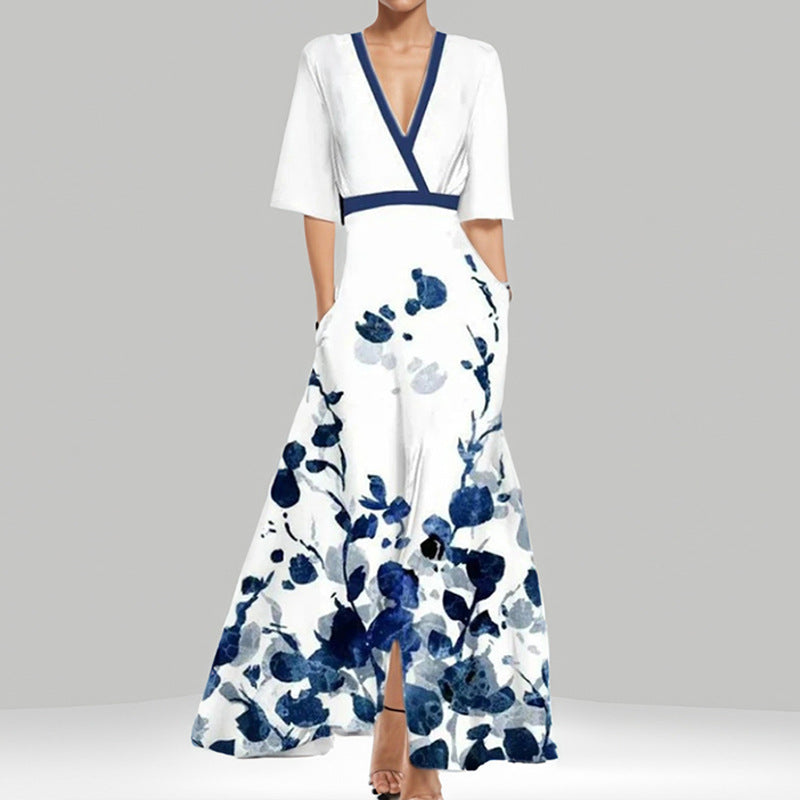 Women's Abstract Print Maxi Dress V Neck Slim Waist Elegant Long Dress - Seldom Seen Styles
