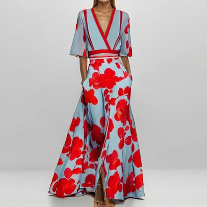 Women's Abstract Print Maxi Dress V Neck Slim Waist Elegant Long Dress