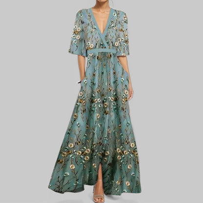 Women's Abstract Print Maxi Dress V Neck Slim Waist Elegant Long Dress