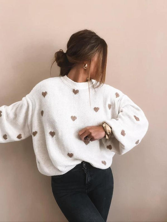 Women's All Over Heart Print Drop Shoulder Sweater, Casual Long Sleeve Round Neck Jumper for Fall & Winter, Fashion Ladies' Knitwear for Daily Wear - Seldom Seen Styles
