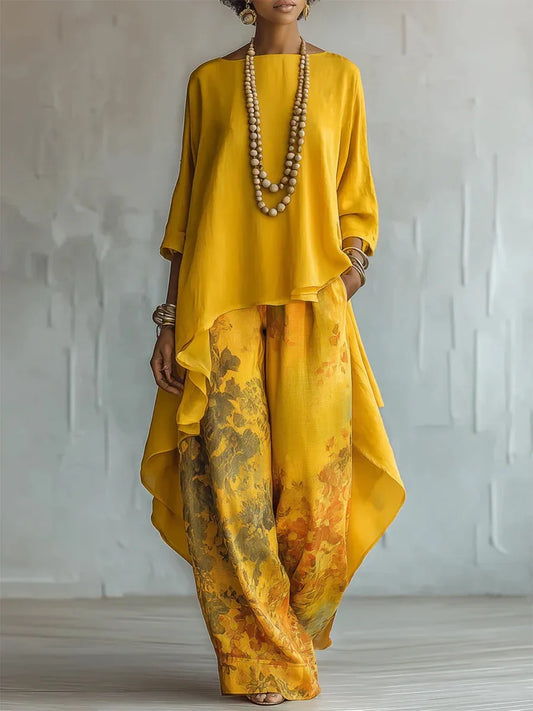 Women's Artistic Floral Two-Piece Set with Top and Wide-Leg Pants