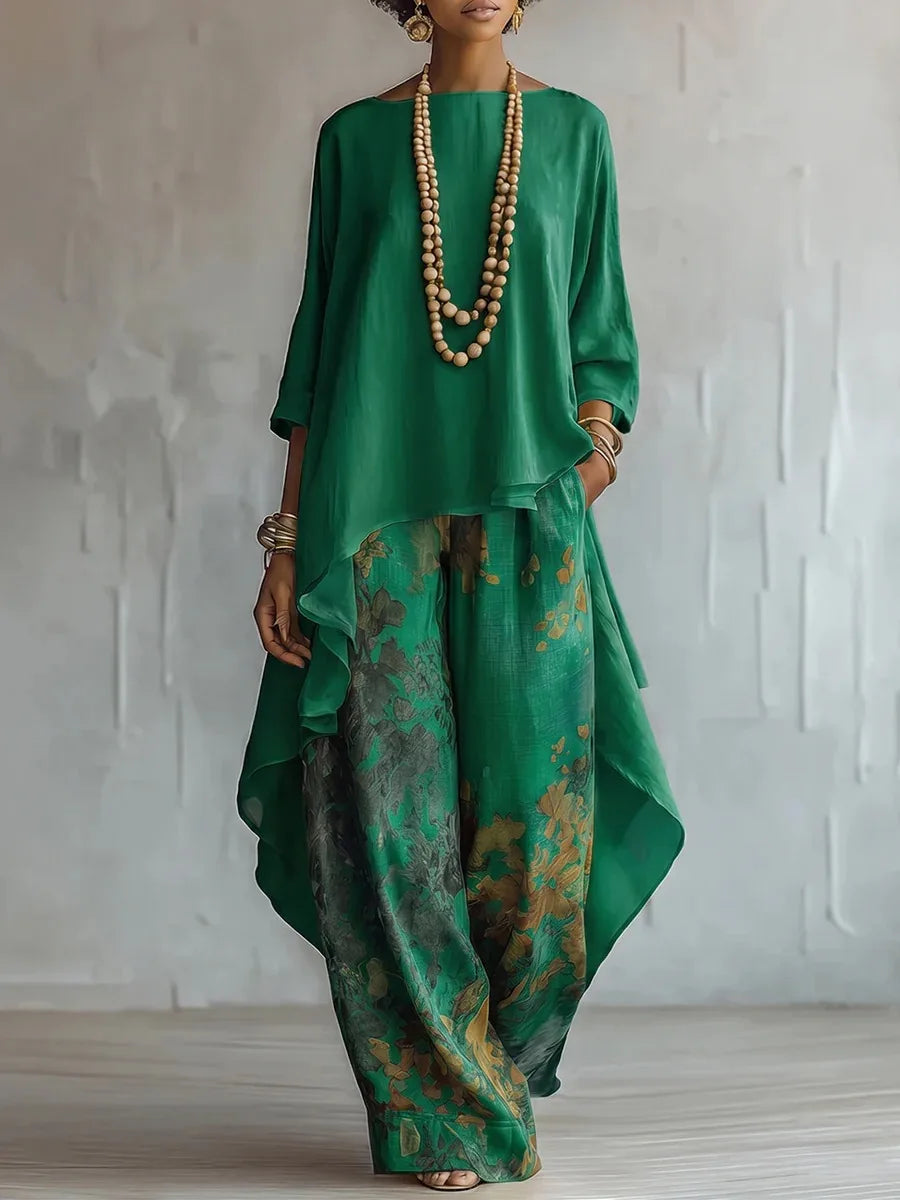 Women's Artistic Floral Two-Piece Set with Top and Wide-Leg Pants - Seldom Seen Styles