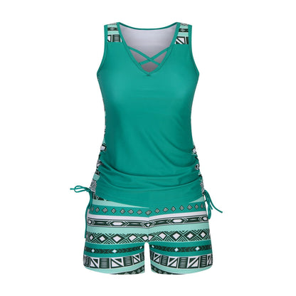 Women's Aztec Print Tankini Two Piece Swimsuit Built-In Bra Tummy Control High Waist Boho Beach Swimwear Set | Aztec Tide