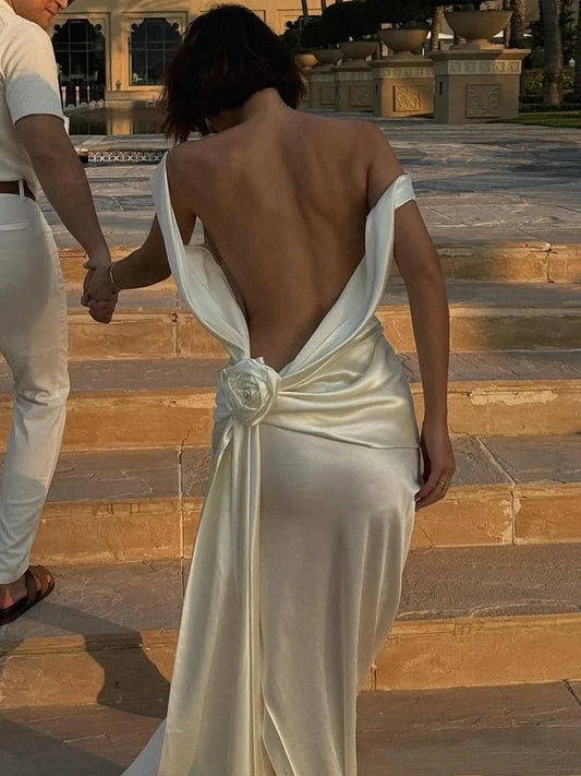 Women's Backless Satin Maxi Dress High Slit Elegant Evening Gown - Seldom Seen Styles