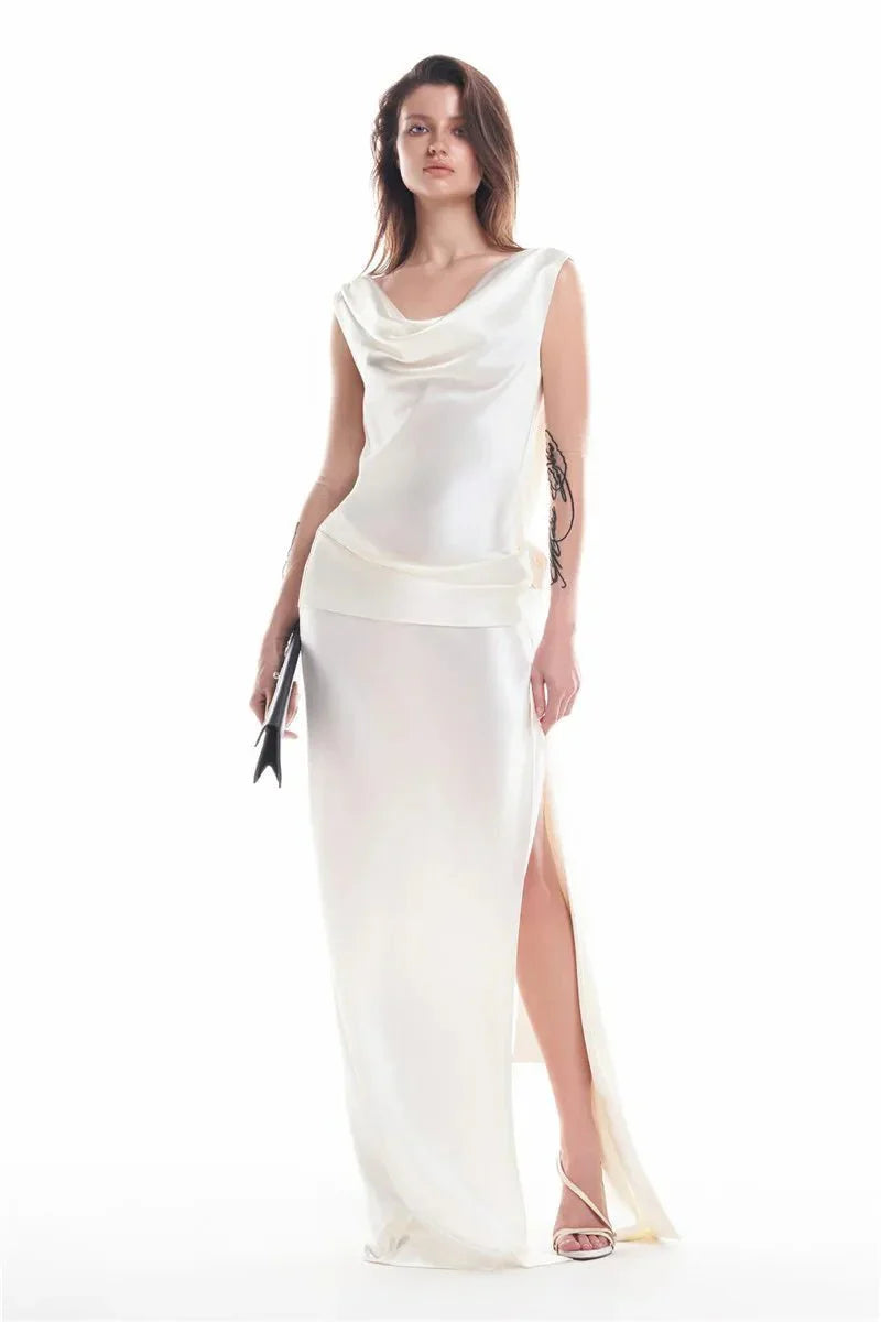 Women's Backless Satin Maxi Dress High Slit Elegant Evening Gown - Seldom Seen Styles