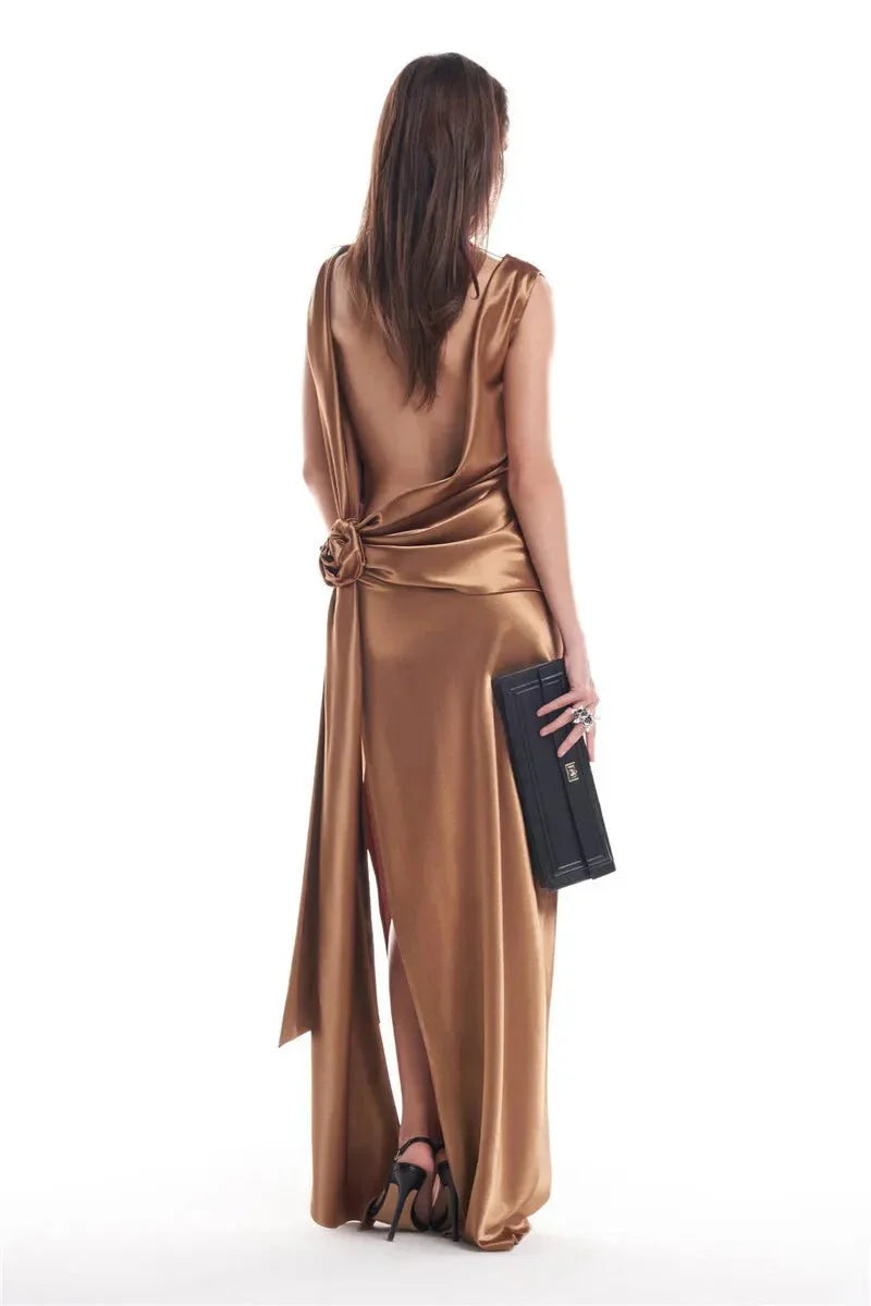 Women's Backless Satin Maxi Dress High Slit Elegant Evening Gown - Seldom Seen Styles