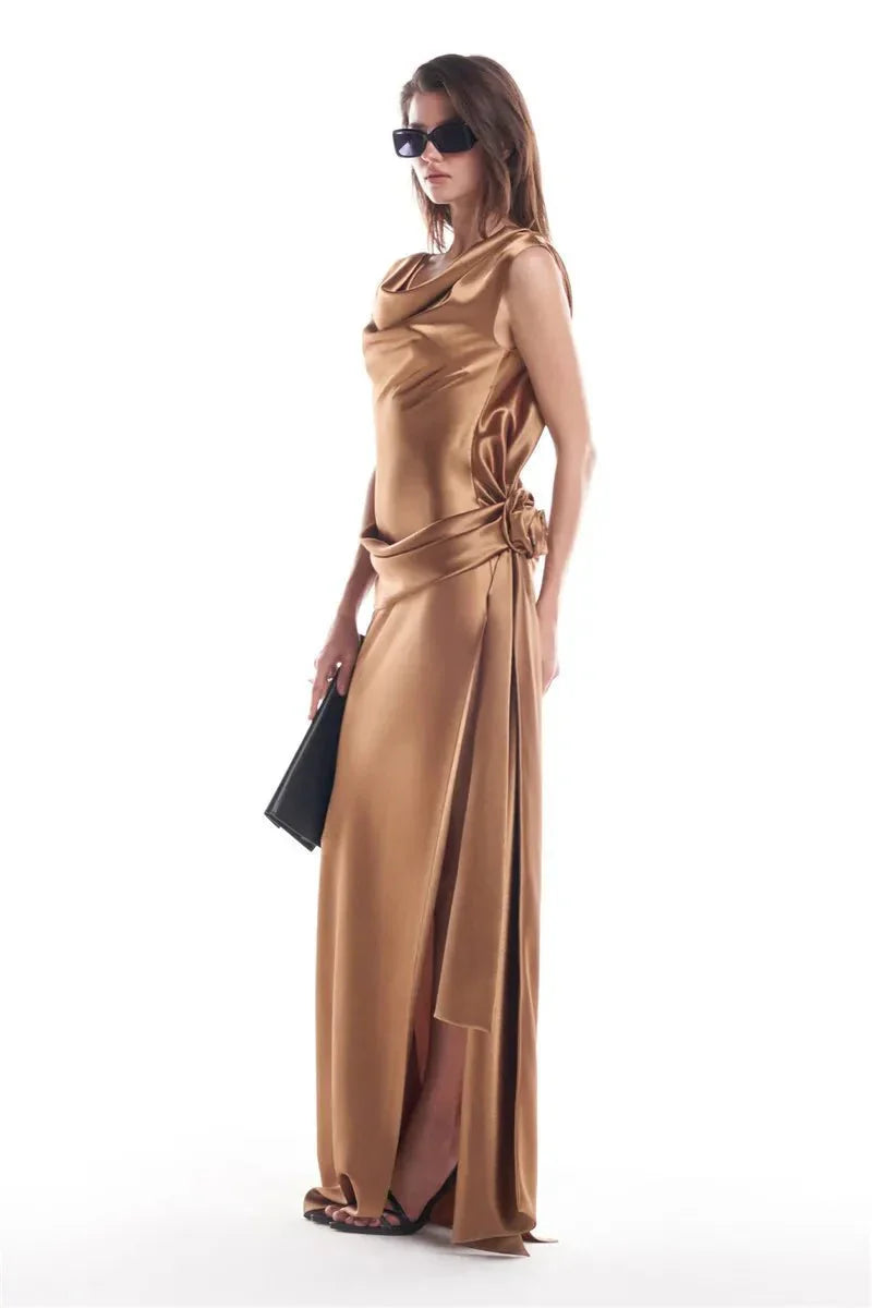 Women's Backless Satin Maxi Dress High Slit Elegant Evening Gown - Seldom Seen Styles