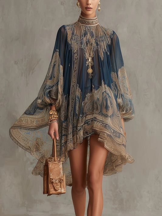 Women's Baroque Print High Neck Flounce Sleeve Chiffon Mini Dress Irregular Hem Elegant Evening Cocktail Party Vacation Dress Navy - Seldom Seen Styles