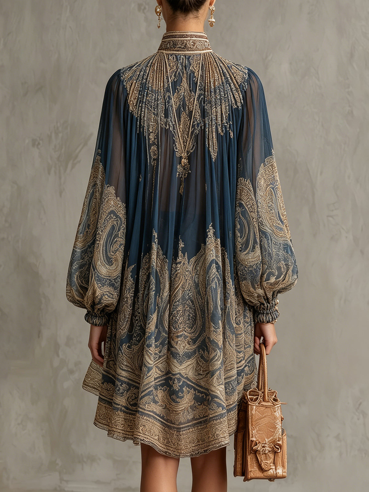 Women's Baroque Print High Neck Flounce Sleeve Chiffon Mini Dress Irregular Hem Elegant Evening Cocktail Party Vacation Dress Navy - Seldom Seen Styles