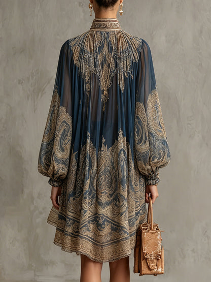 Women's Baroque Print High Neck Flounce Sleeve Chiffon Mini Dress Irregular Hem Elegant Evening Cocktail Party Vacation Dress Navy