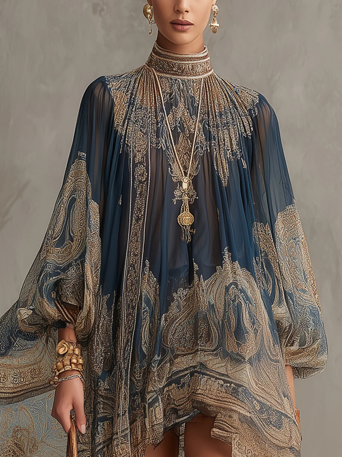Women's Baroque Print High Neck Flounce Sleeve Chiffon Mini Dress Irregular Hem Elegant Evening Cocktail Party Vacation Dress Navy - Seldom Seen Styles