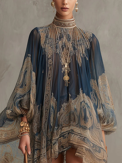 Women's Baroque Print High Neck Flounce Sleeve Chiffon Mini Dress Irregular Hem Elegant Evening Cocktail Party Vacation Dress Navy