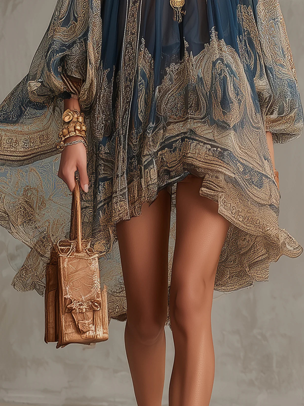 Women's Baroque Print High Neck Flounce Sleeve Chiffon Mini Dress Irregular Hem Elegant Evening Cocktail Party Vacation Dress Navy - Seldom Seen Styles