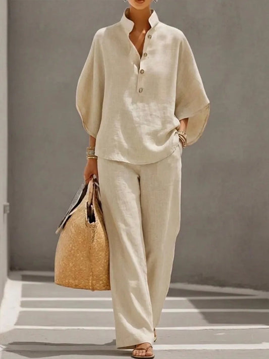 Women's Batwing Sleeve Two-Piece Set – Casual Shirt & Wide Leg Pants Outfit - Seldom Seen Styles