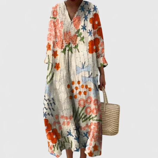 Women's Beige Floral Comfortable Dress - Relaxed Fit Elegant Floral Print Midi Dress, Casual Boho Loose Long Dress for Women Plus Size S-3XL - Seldom Seen Styles