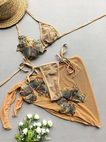 Women's Beige Print Bikini Two-Piece Swimsuit Set Sexy Tight Fit High Elastic Nylon Lycra Padded Swimwear Beach Pool Vacation S M L