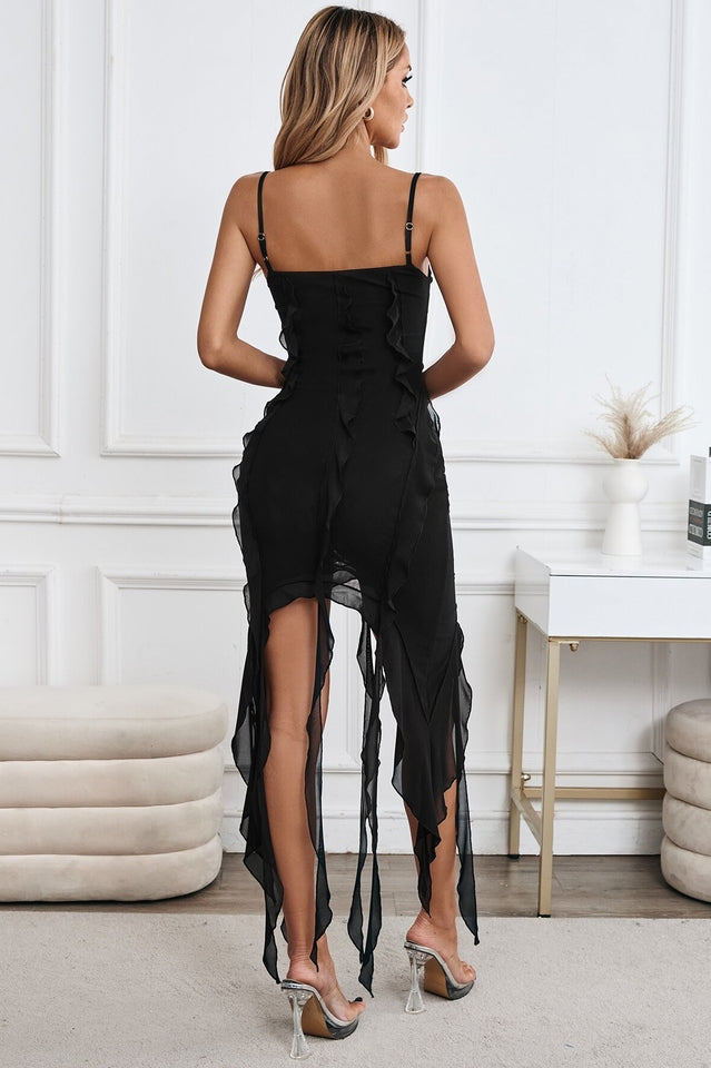 Women's Black Mesh Midi Dress Ruched Bodycon Party Dress - Seldom Seen Styles