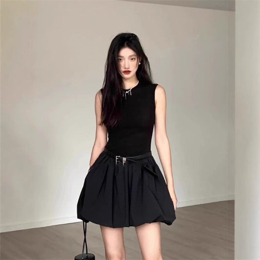 Women's Black Mini Dress Sleeveless Slim Fit Bubble Hem Party Dress - Seldom Seen Styles