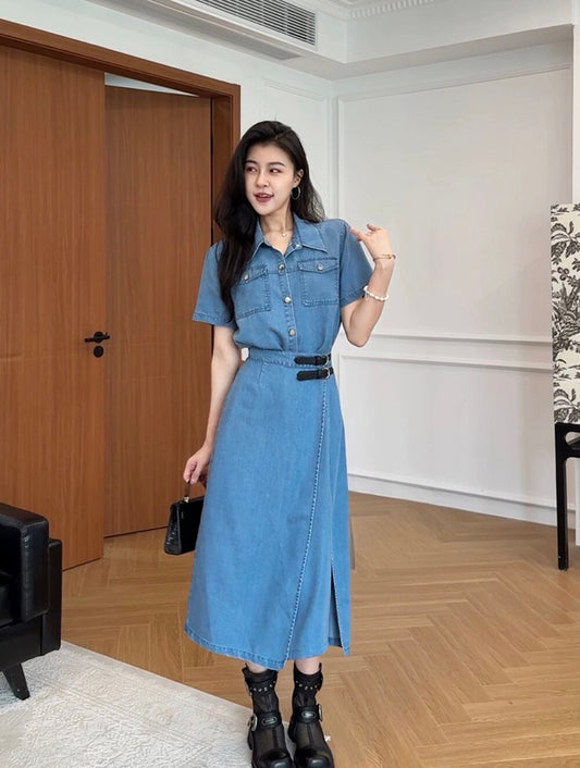 Women's Blue Denim Short Sleeve Shirt Dress with Belt Front Slit Midi Length Plus Size M L XL XXL 3XL 4XL - Seldom Seen Styles