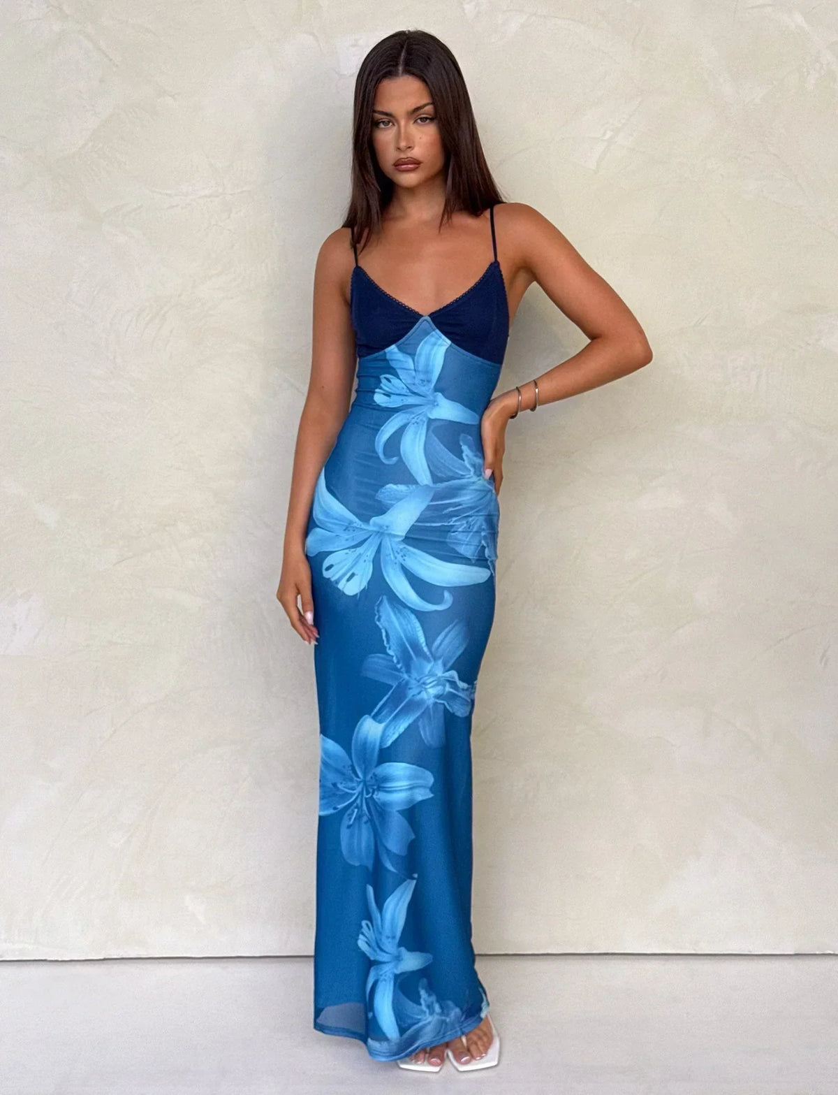 Women's Blue Floral Maxi Dress Mesh Bodycon Elegant Vacation Party Dress - Seldom Seen Styles