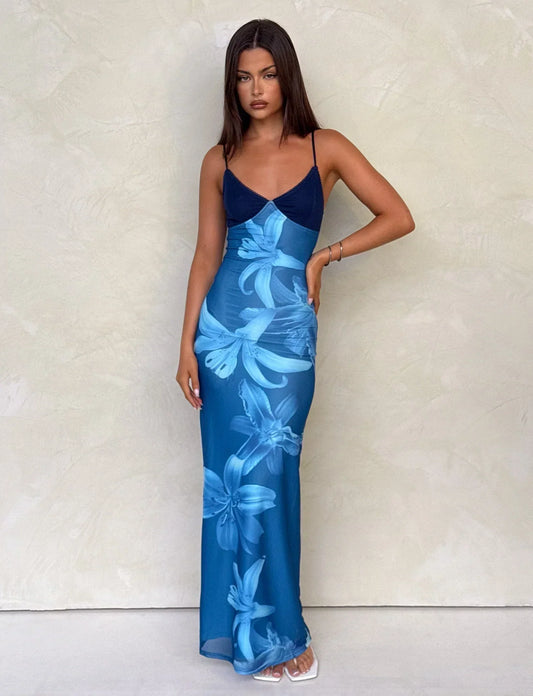 Women's Blue Floral Maxi Dress Mesh Bodycon Elegant Vacation Party Dress - Seldom Seen Styles