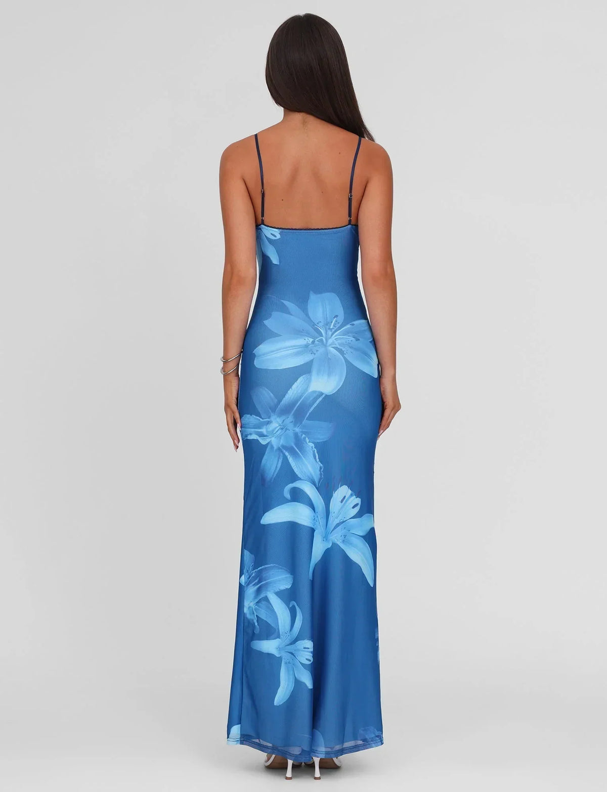 Women's Blue Floral Maxi Dress Mesh Bodycon Elegant Vacation Party Dress - Seldom Seen Styles