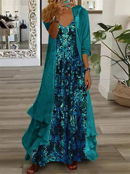 Women's Blue Metallic Floral Maxi Dress - Seldom Seen Styles