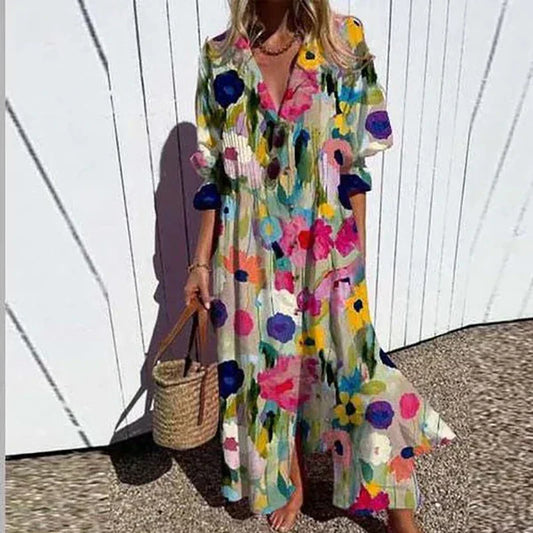 Women's Bohemian Floral Midi Dress Flowy Casual Summer Beach Vacation Boho Dress - Seldom Seen Styles