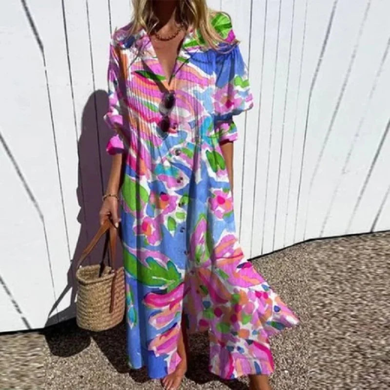 Women's Bohemian Floral Midi Dress Flowy Casual Summer Beach Vacation Boho Dress - Seldom Seen Styles