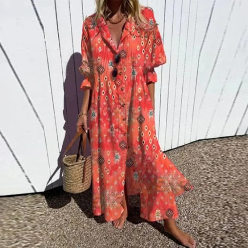 Women's Bohemian Floral Midi Dress Flowy Casual Summer Beach Vacation Boho Dress - Seldom Seen Styles
