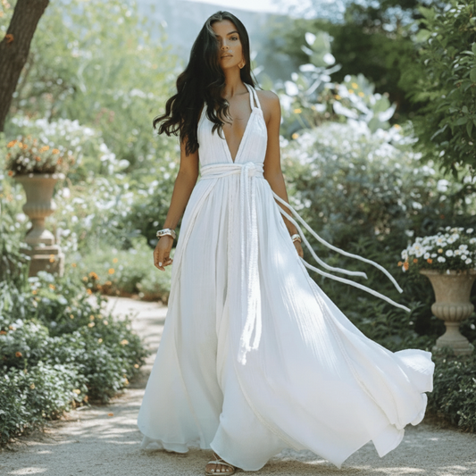 Women's Boho Backless Bandage Maxi Dress Deep V Neck Halter Tie Spaghetti Strap Flowy A-Line Ankle Length Beach Vacation Long Dress - Seldom Seen Styles
