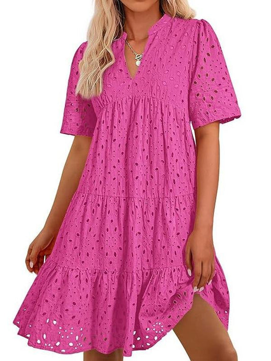 Women's Boho Lace Mini Dress V Neck Short Sleeve Hollow Out Ruffle Beach Vacation Summer Dress - Seldom Seen Styles