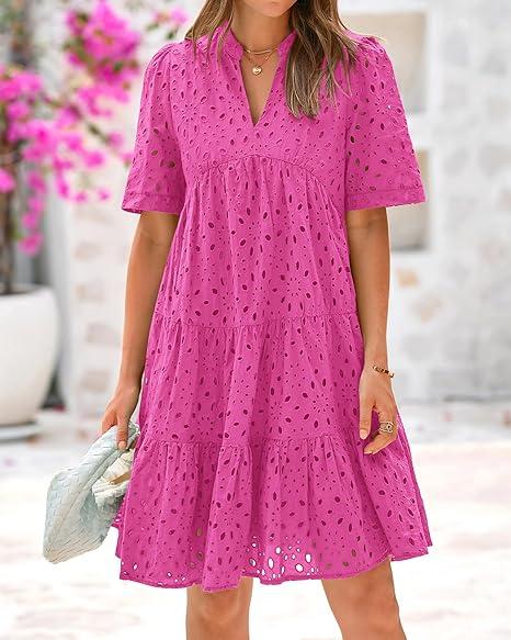 Women's Boho Lace Mini Dress V Neck Short Sleeve Hollow Out Ruffle Beach Vacation Summer Dress - Seldom Seen Styles