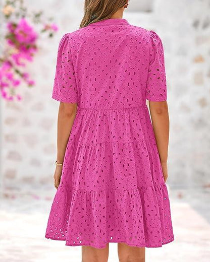 Women's Boho Lace Mini Dress V Neck Short Sleeve Hollow Out Ruffle Beach Vacation Summer Dress