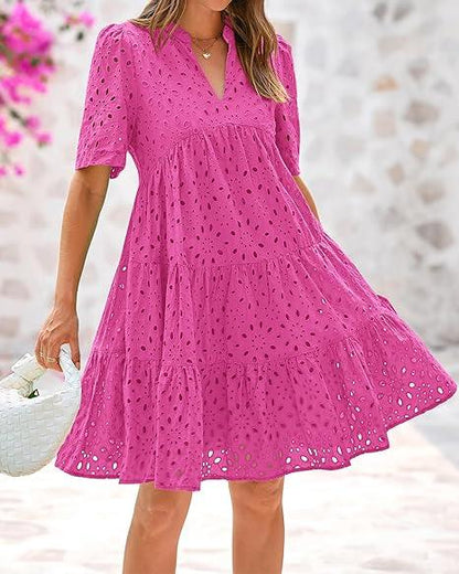 Women's Boho Lace Mini Dress V Neck Short Sleeve Hollow Out Ruffle Beach Vacation Summer Dress