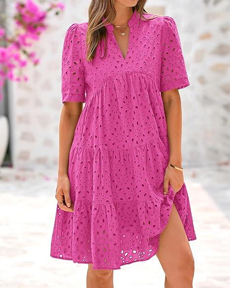 Women's Boho Lace Mini Dress V Neck Short Sleeve Hollow Out Ruffle Beach Vacation Summer Dress - Seldom Seen Styles